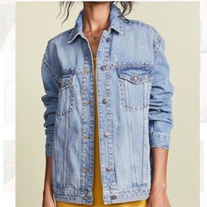 free people studded denim trucker jacket in blue